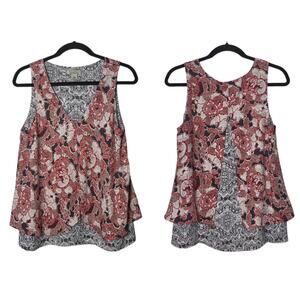Lucky Brand Floral Mixed Print Tank Top Boho Paisley Layered Women's Small Red